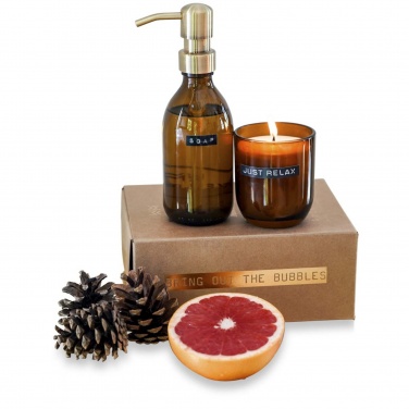 Logotrade promotional giveaway image of: Wellmark Discovery 200 ml hand soap dispenser and 150 g scented candle set - bamboo fragrance