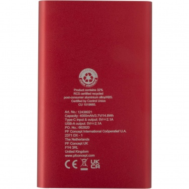 Logotrade business gift image of: Pep 4000 mAh Type-C recycled aluminium power bank 