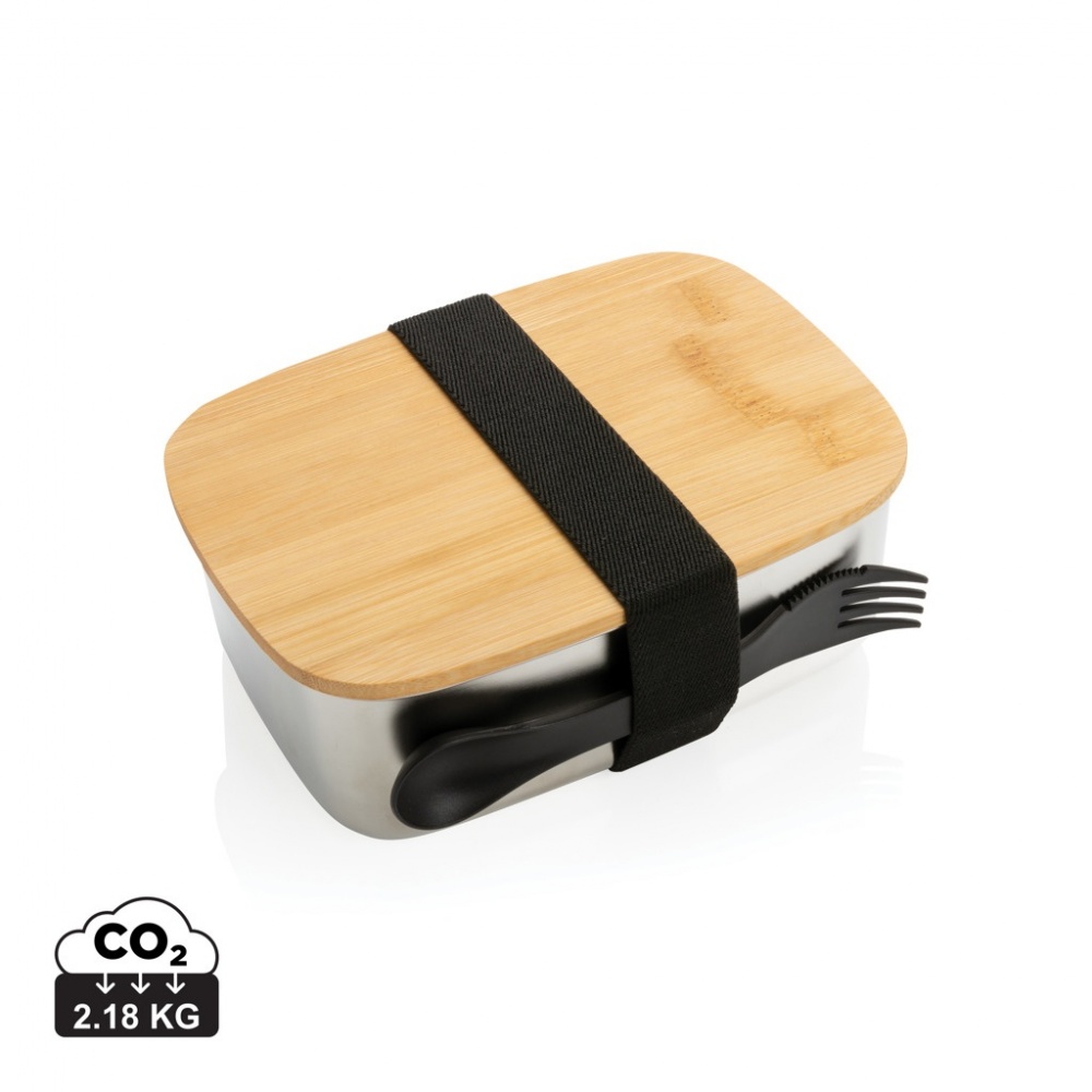 Logo trade promotional items picture of: Stainless steel lunchbox with bamboo lid and spork