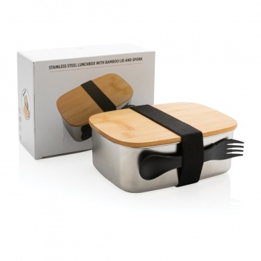 Logo trade promotional giveaways picture of: Stainless steel lunchbox with bamboo lid and spork