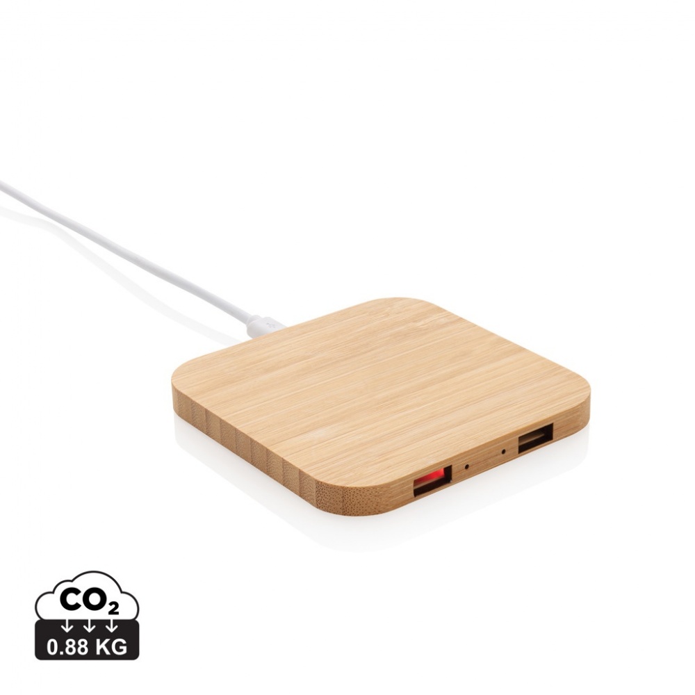 Logo trade corporate gift photo of: Bamboo 5W wireless charger with USB