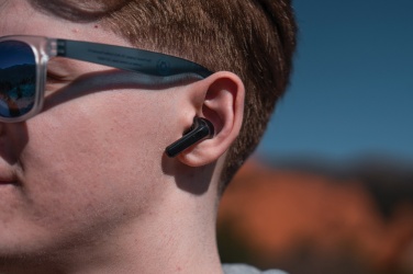Logotrade promotional items photo of: Skywave RCS recycled plastic solar earbuds