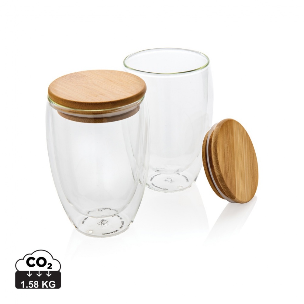 Logotrade promotional item picture of: Double wall borosilicate glass with bamboo lid 350ml 2pc set