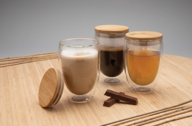 Logotrade promotional giveaway picture of: Double wall borosilicate glass with bamboo lid 350ml 2pc set