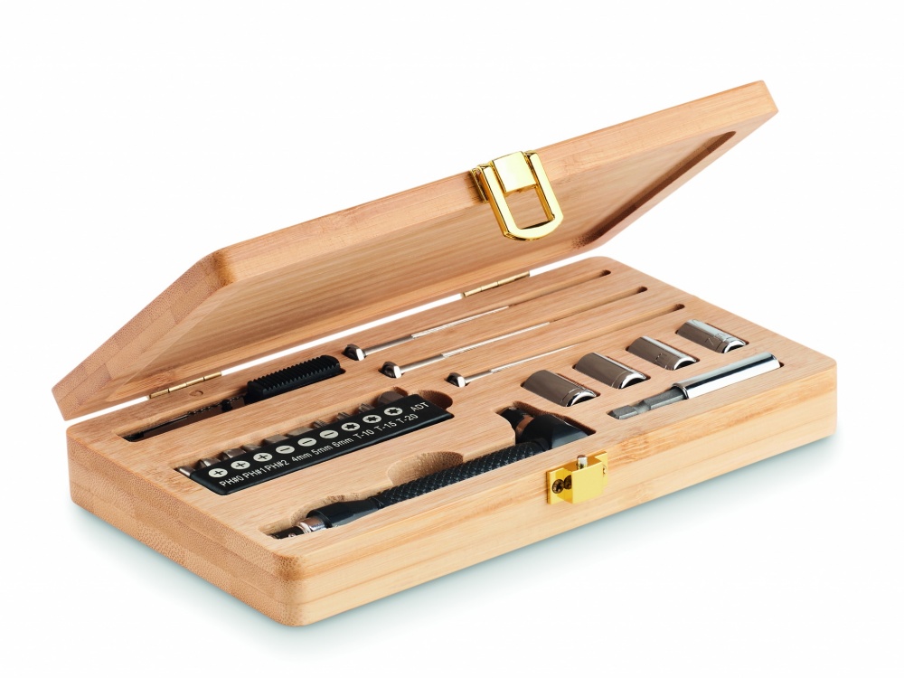 Logo trade promotional merchandise image of: 21 pcs tool set in bamboo case