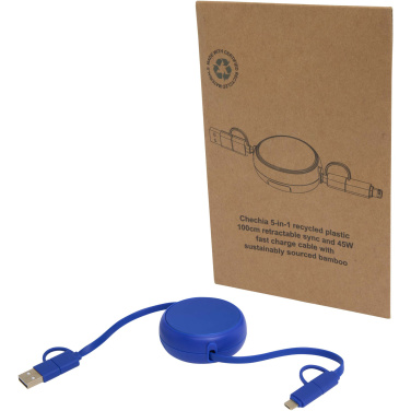 Logo trade promotional item photo of: Alasia 5-in-1 100 cm recycled plastic and aluminium retractable data sync and 45W fast charge cable