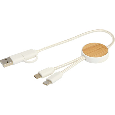 Logotrade advertising products photo of: Chechia 5-in-1 recycled plastic 30 cm data sync and 27W fast charge cable with bamboo details