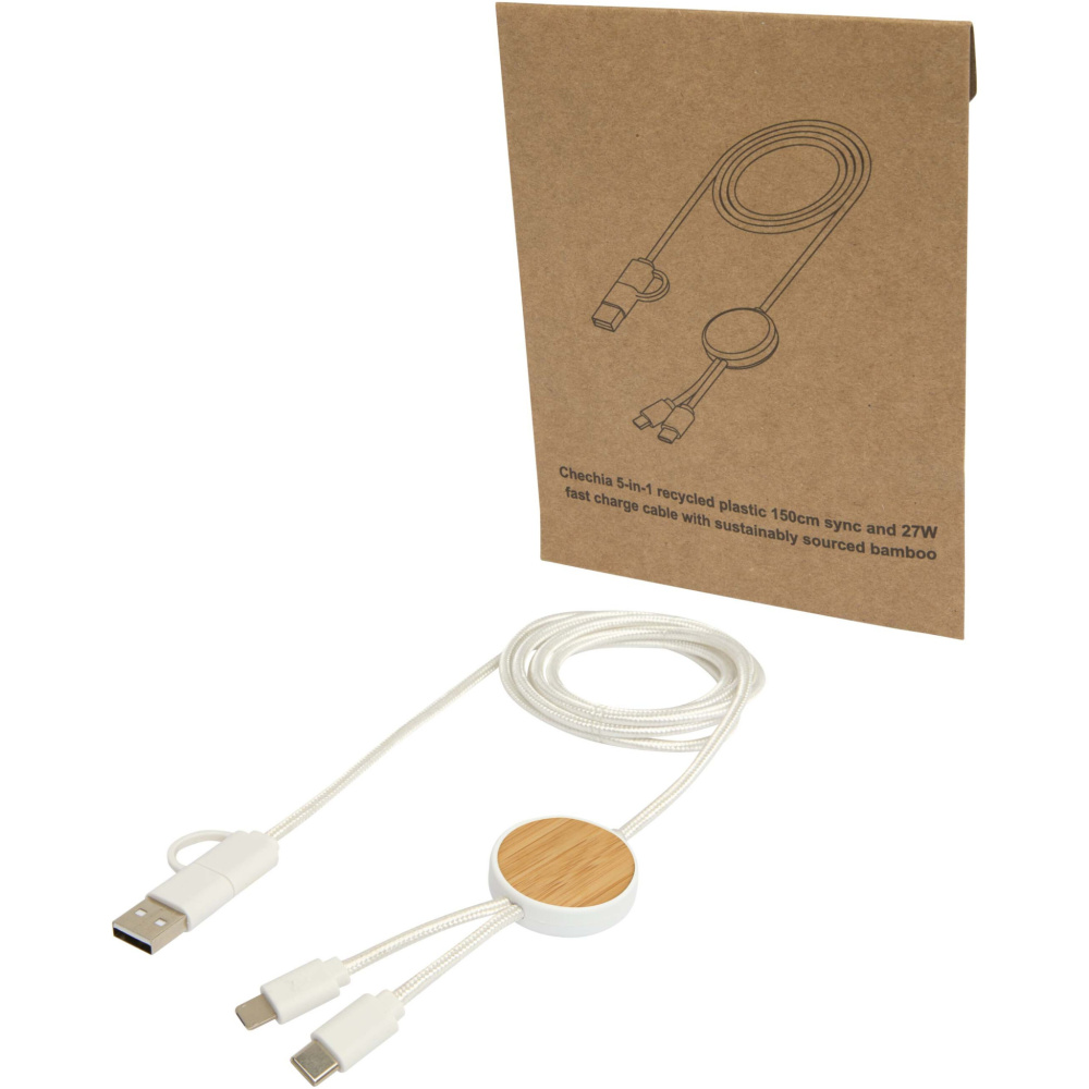 Logotrade advertising product picture of: Chechia 5-in-1 recycled plastic 150 cm data sync and 27W fast charge cable with bamboo details