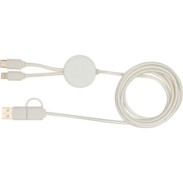 Logo trade promotional merchandise picture of: Chechia 5-in-1 recycled plastic 150 cm data sync and 27W fast charge cable with bamboo details