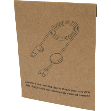 Logo trade corporate gifts image of: Chechia 5-in-1 recycled plastic 150 cm data sync and 27W fast charge cable with bamboo details