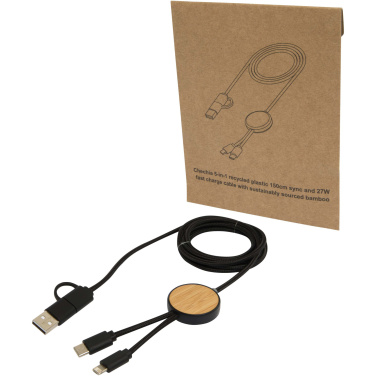 Logotrade advertising product picture of: Chechia 5-in-1 recycled plastic 150 cm data sync and 27W fast charge cable with bamboo details