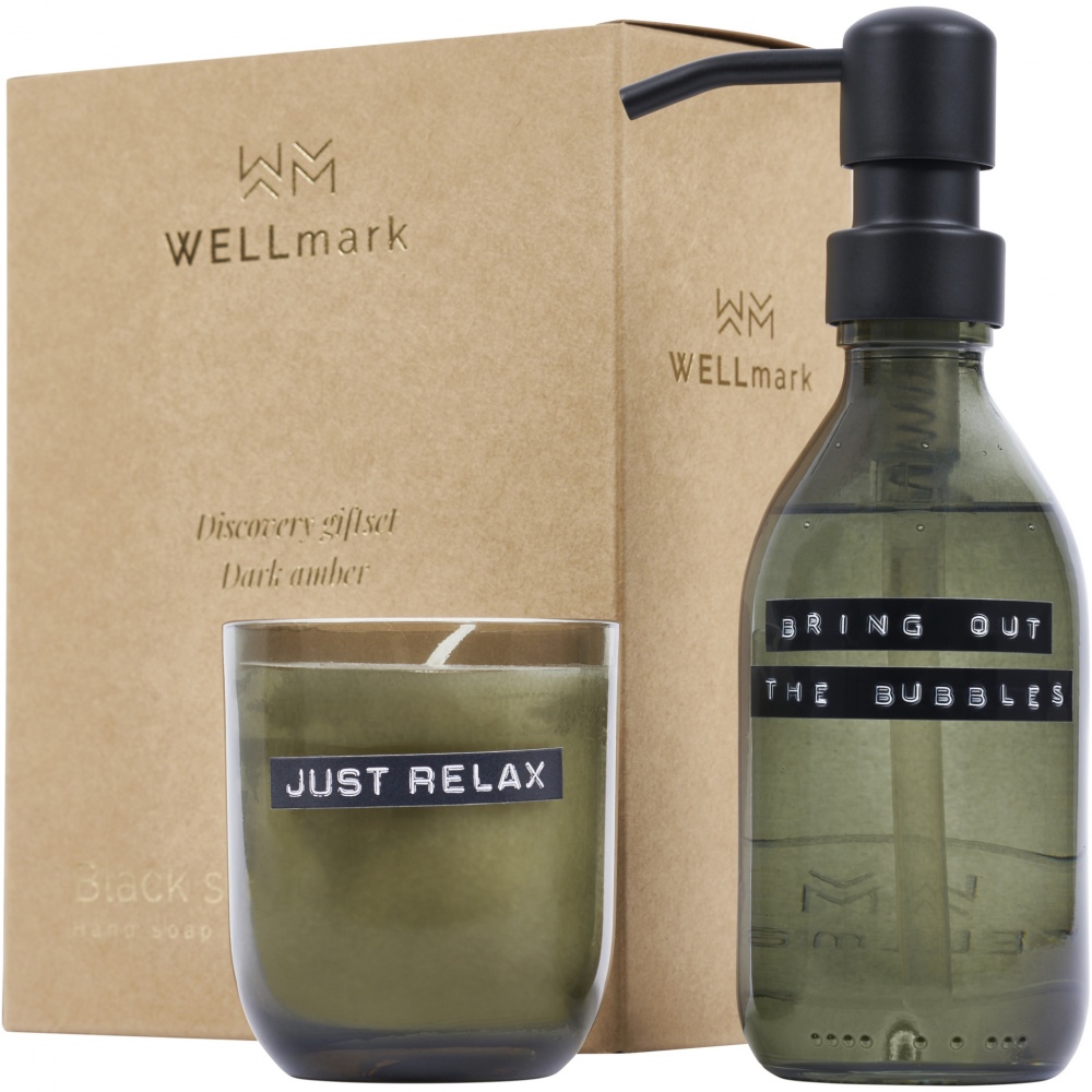 Logo trade reklaamtoote pilt: Wellmark Discovery 200 ml käteseebi dosaator ja 150 g lõhnaküünla komplekt - tume merevaigu lõhn