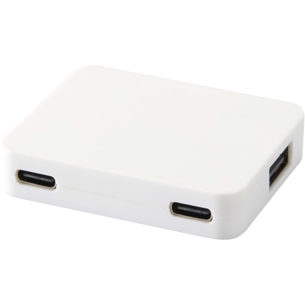 Logotrade reklaminiai produktai nuotrauka: „Gaia“ 4 prievadų USB šakotuvas su USB-A ir C tipo išvestimis bei dviguba įvestimi – pagamintas iš perdirbto plastiko