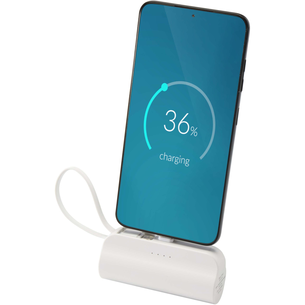 Logotrade firminės dovanos nuotrauka: „Alnair“ 5000 mAh 10 W perdirbto plastiko C tipo išorinė baterija su integruotu atlenkiamu stovu ir 2 viename laidu