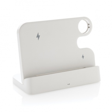 Logotrade profilprodukter bild: Joltz dubbel 15W-laddare i RCS rplast, med plats för iWatch