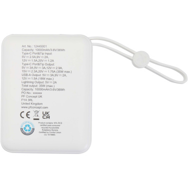 Logotrade kampanjprodukter bild: Acrux 10 000 mAh 35 W powerbank för surfplattor med inbyggd Type-C-kabel – tillverkad av återvunnen plast