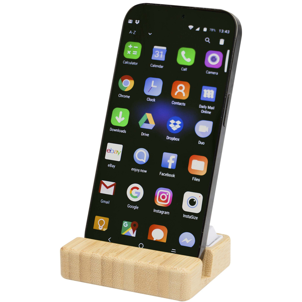 Logotrade profilprodukter bild: Algol telefonställ och fidget-leksak av återvunnen plast med detaljer i bambu